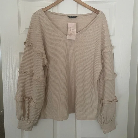 🤎 Ruffled Waffle Knit Loose V-Neck Sweater 🤎 - Picture 4 of 8